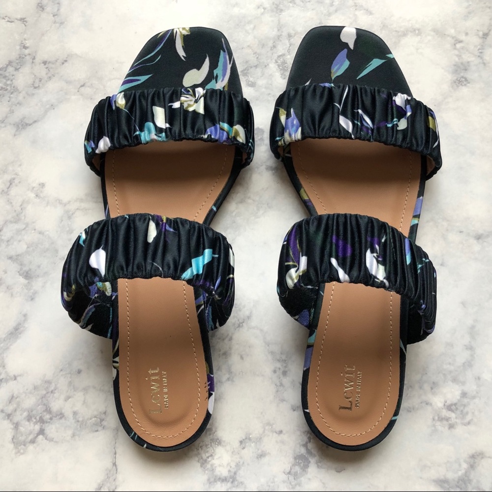 NEW! LEWIT Italy ruched blue floral flats sandals shoes slip ons 7.5